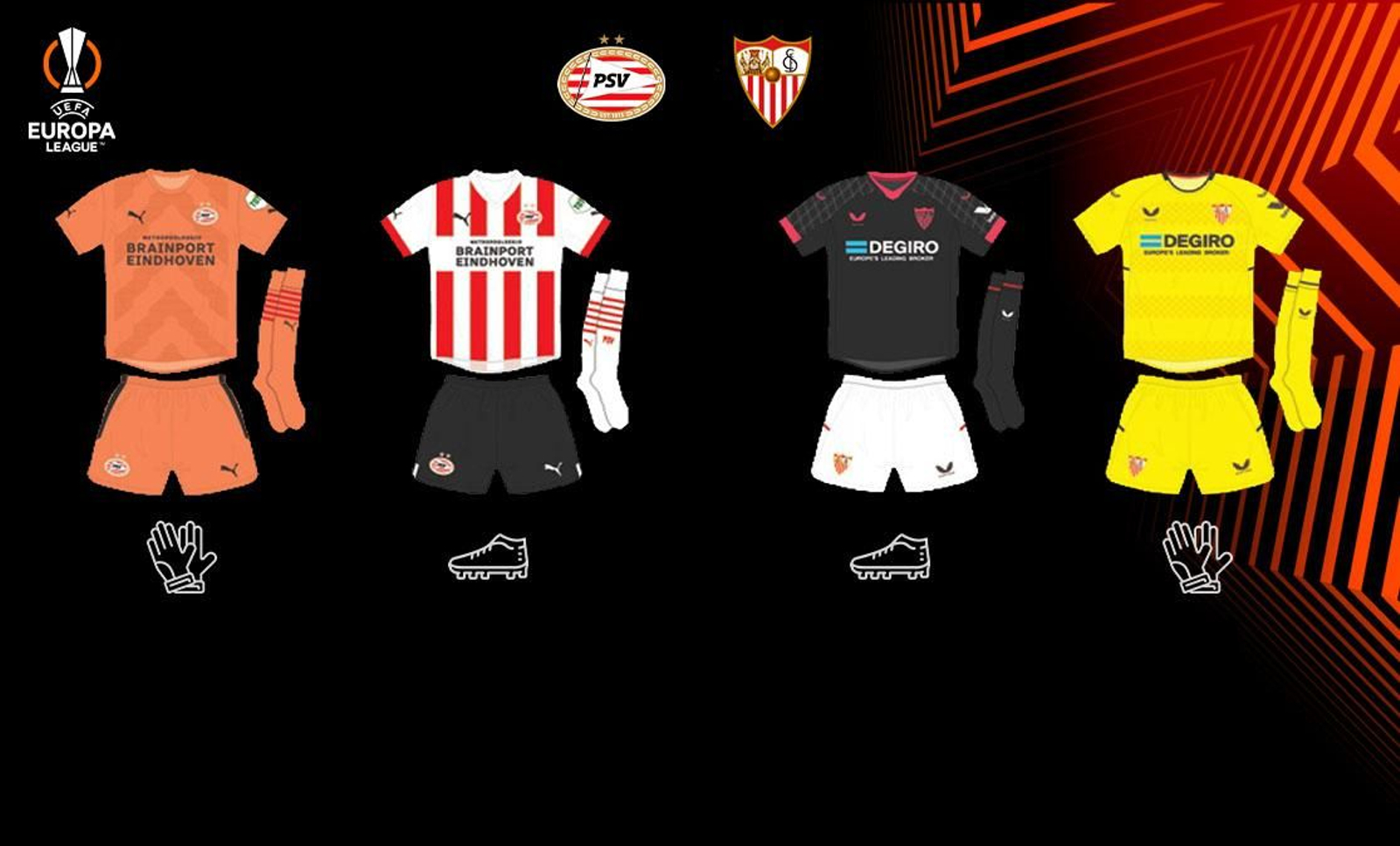 Equipaciones para el PSV-Sevilla de este jueves.