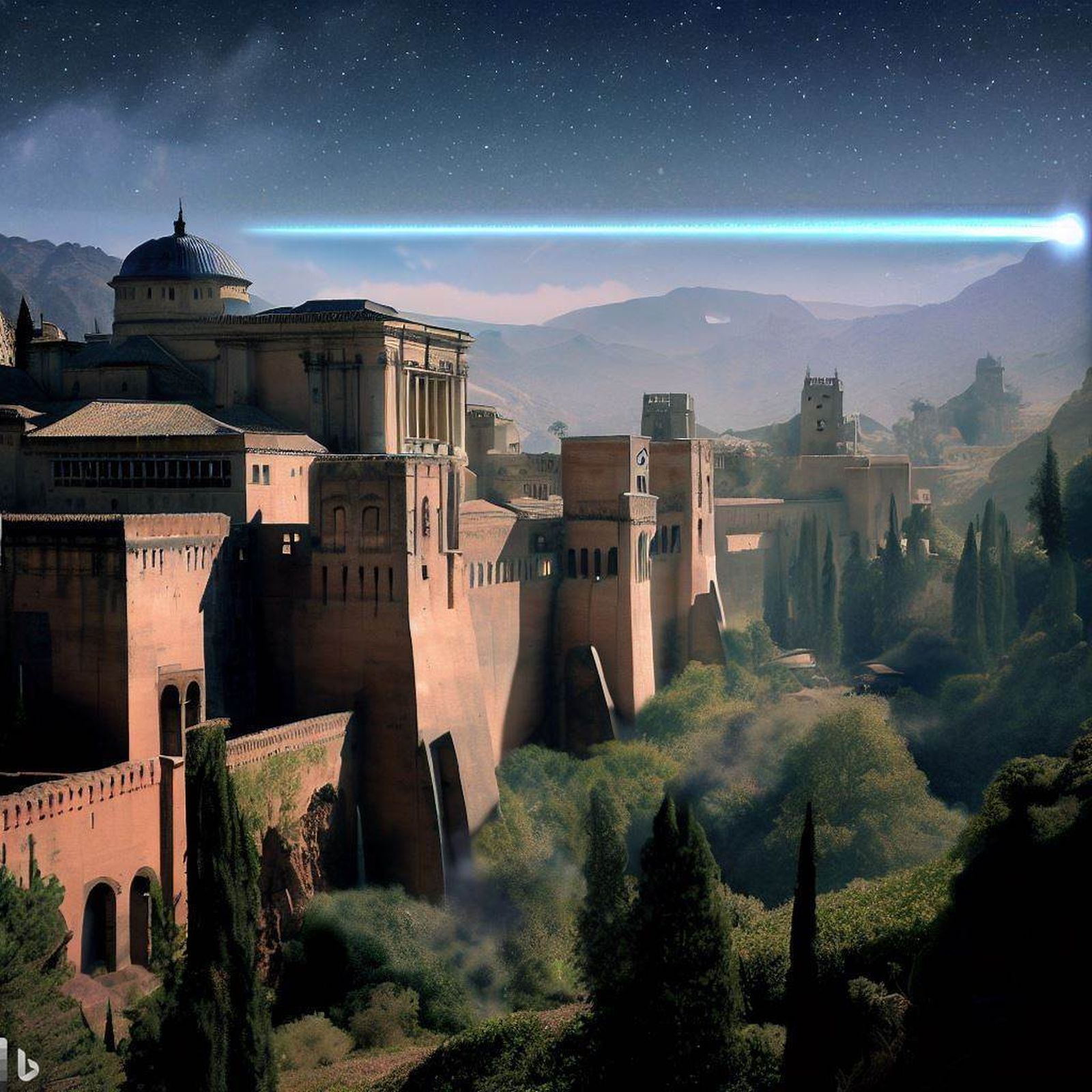 Una nave surca el cielo ante la mirada dela Alhambra de Granada en estilo Star Wars