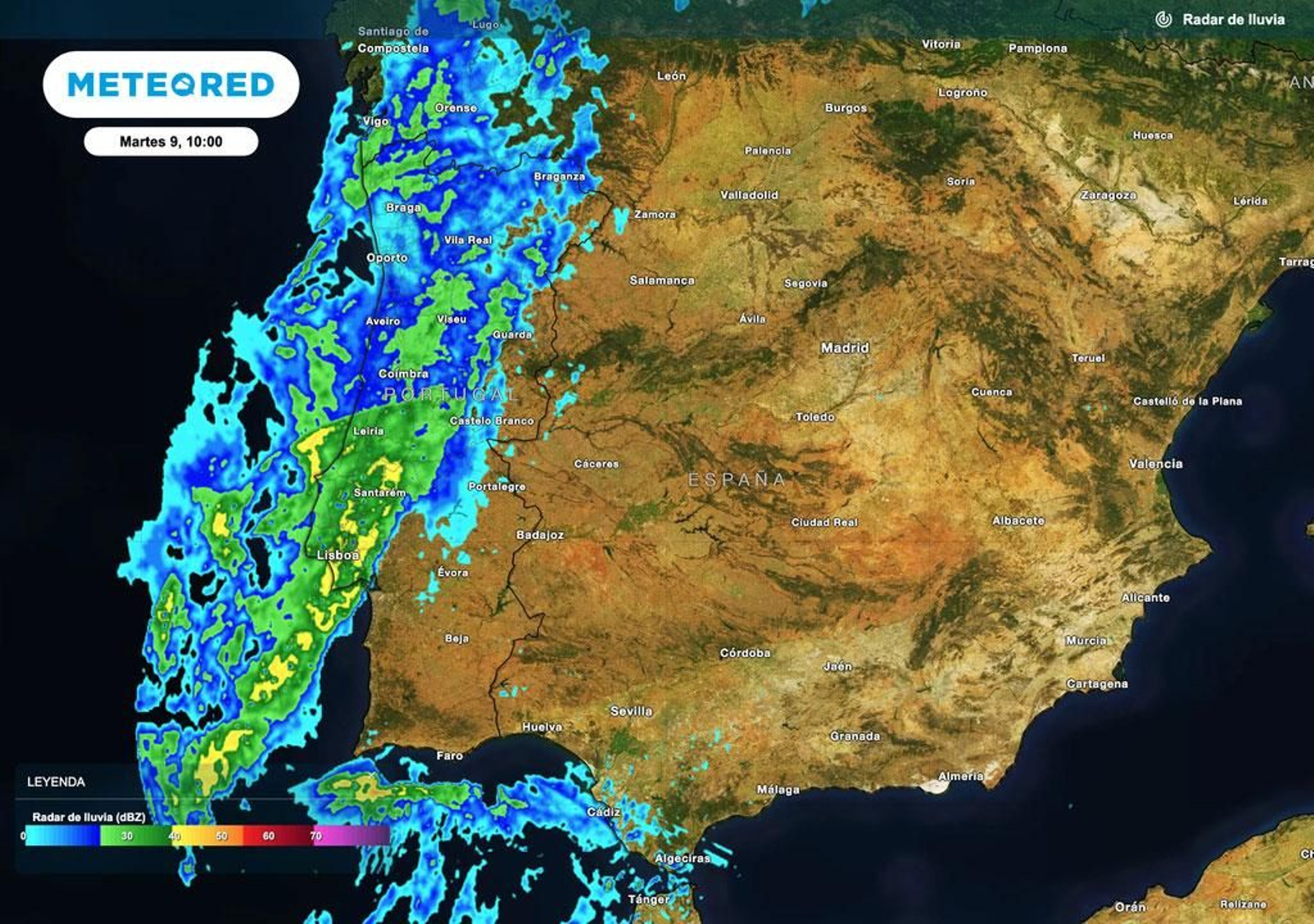 Radar con las lluvias aproximándose a la provincia de Cádiz.