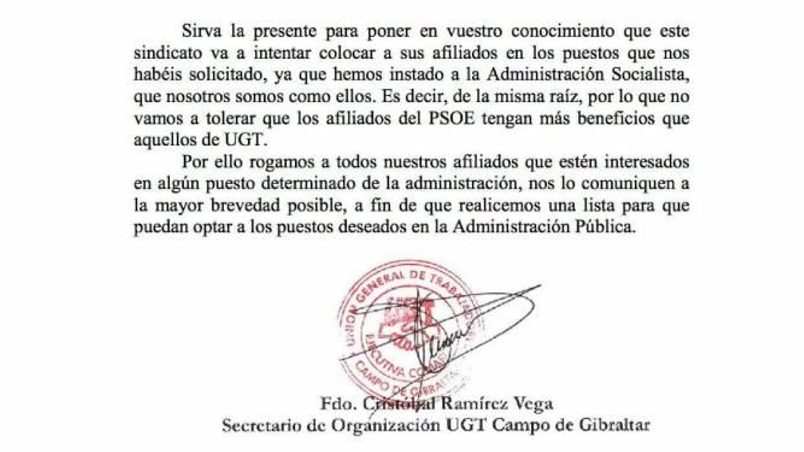 El contenido de la falsa carta de UGT.