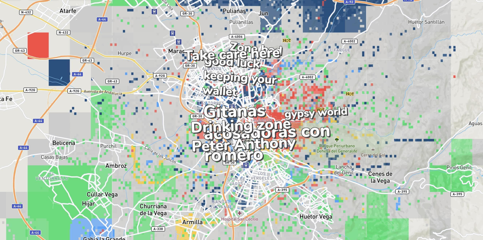 El mapa en el que se puede ver las zonas de Granada según lo que los usuarios han ido incluyendo