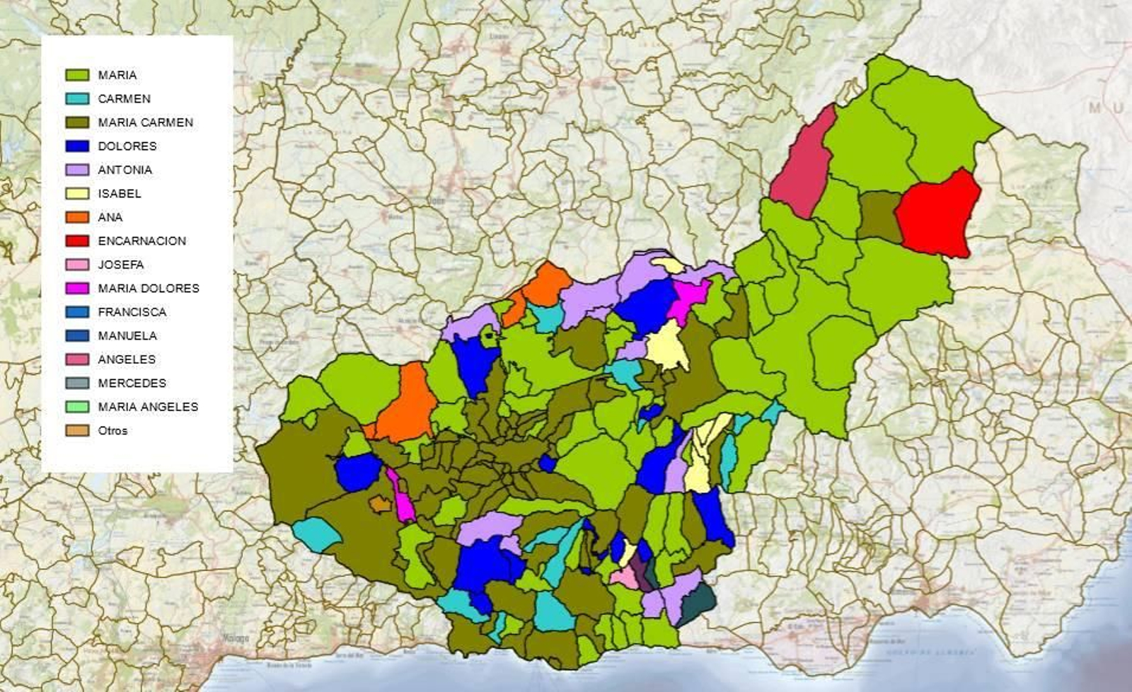 Frecuencia de los nombres de mujer más comunes en la provincia de Granada