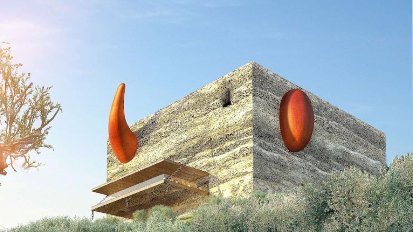 Vista de una escultura de Starck desde el actual centro de recepción de visitantes