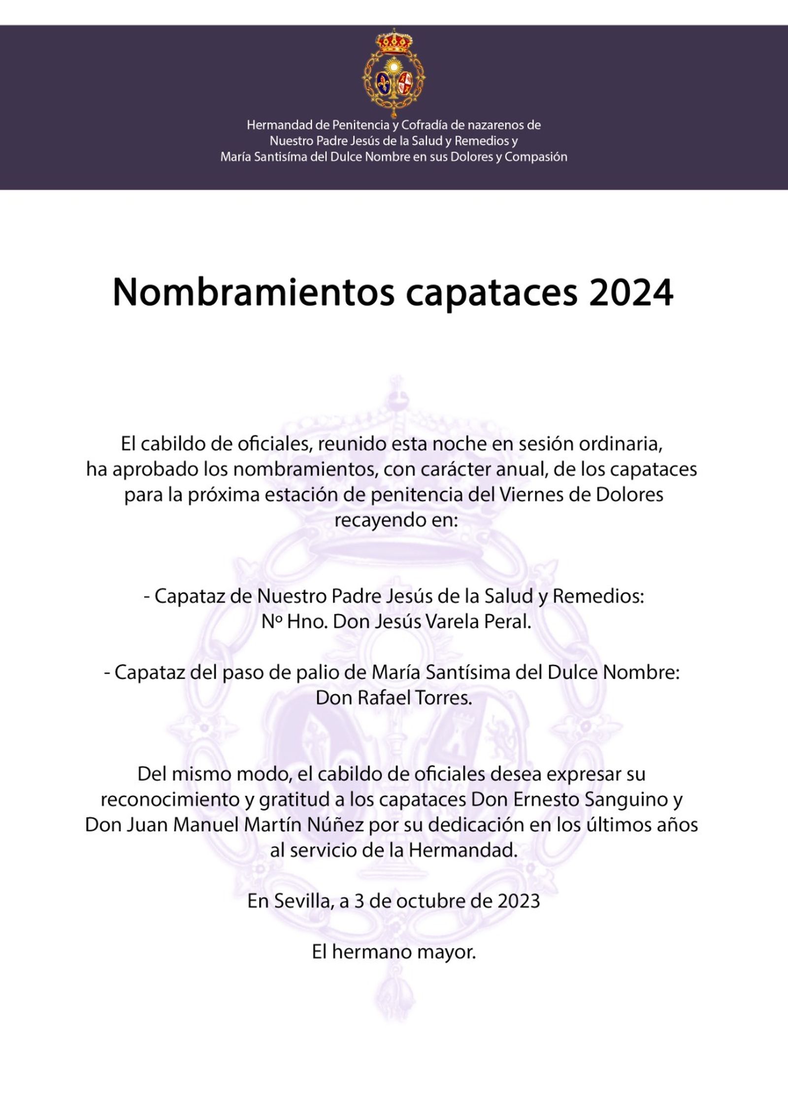 Comunicado de la hermandad de Bellavista