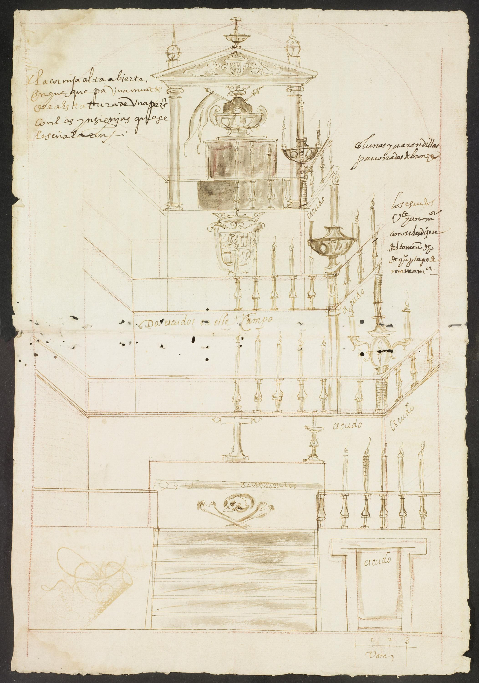 El plano del túmulo funerario que el Ayuntamiento de Écija ordenó levantar por la muerte de la reina Margarita de Austria, en 1611.