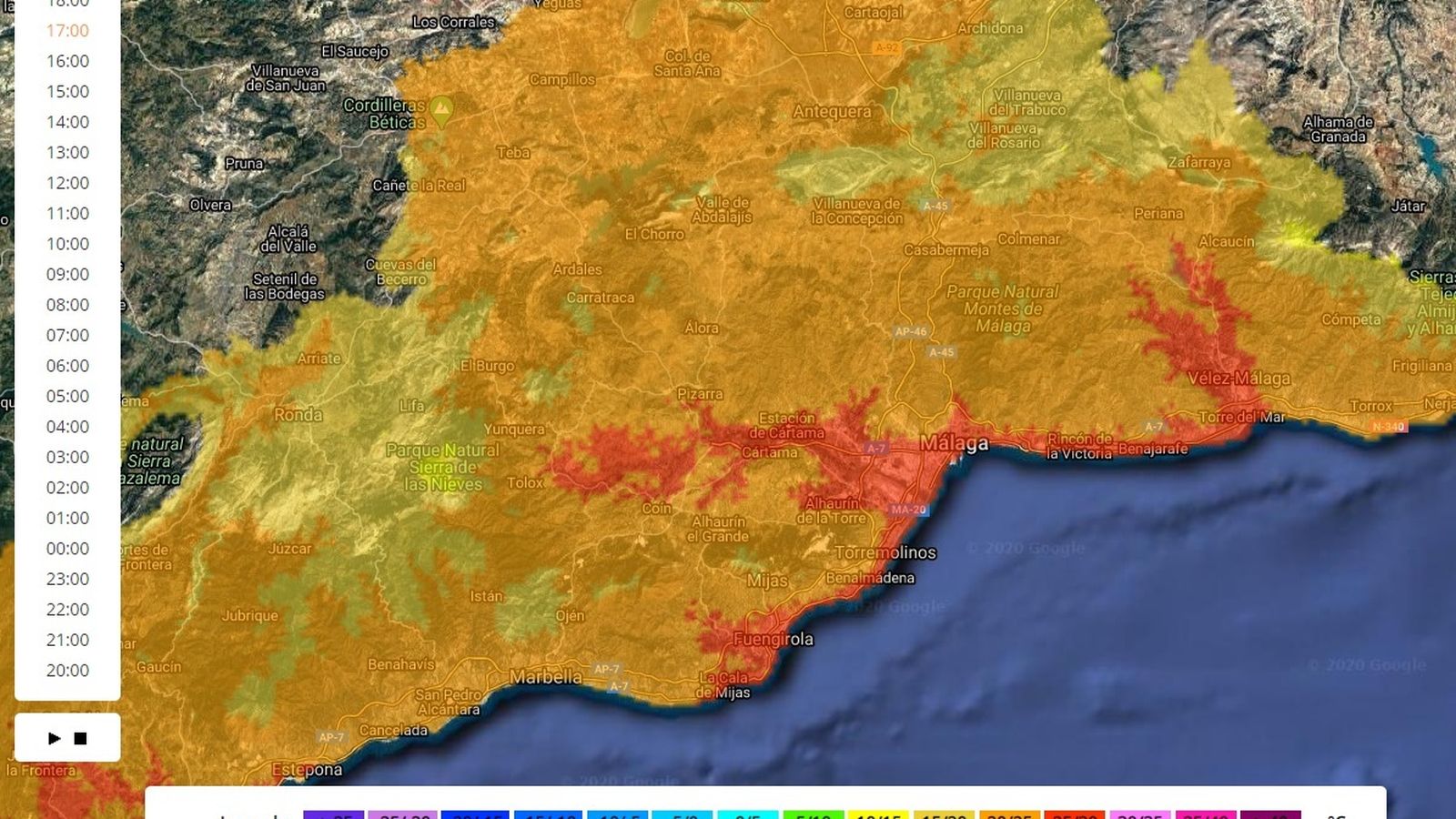 Mapa de calor durante la jornada de ayer.