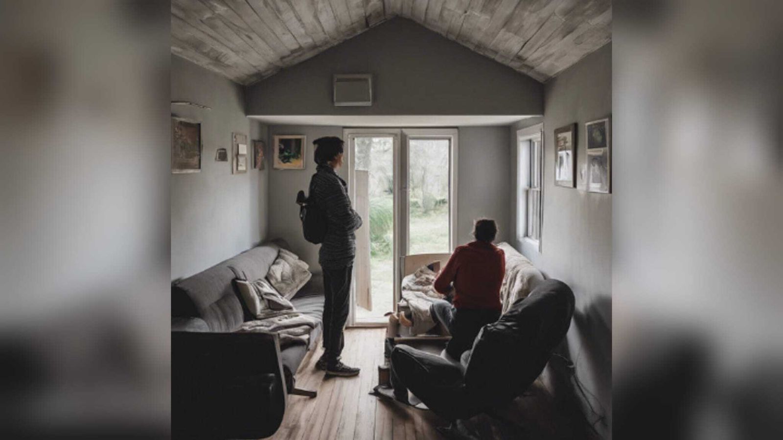 Varias personas en el interior de una vivienda de proporciones reducidas.