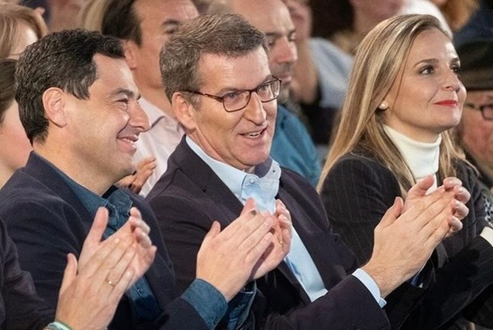 Maribel Sánchez con Feijóo y Moreno Bonilla.