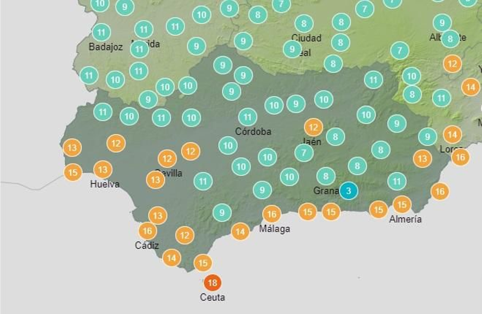 Temperaturas previstas durante la mañana del viernes en Andalucía.