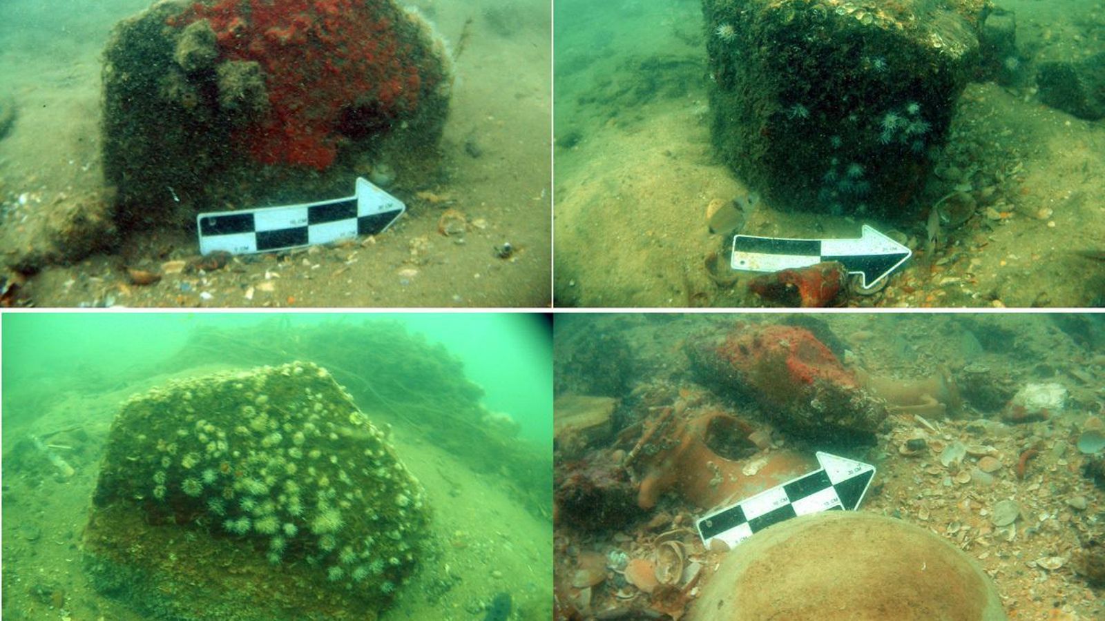 Restos de columnas y cerámicas en el yacimiento.