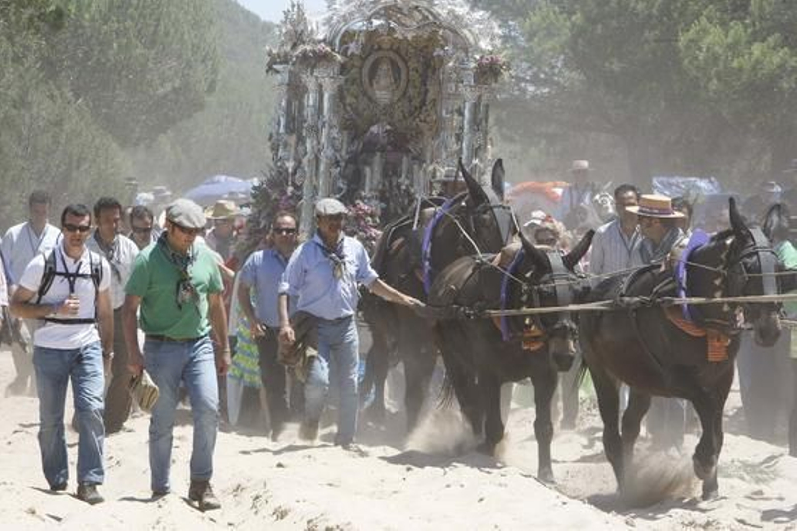 La carreta del Simpecado, ayer, ya inmersa en el camino buscando la aldea.  Foto: Pascual