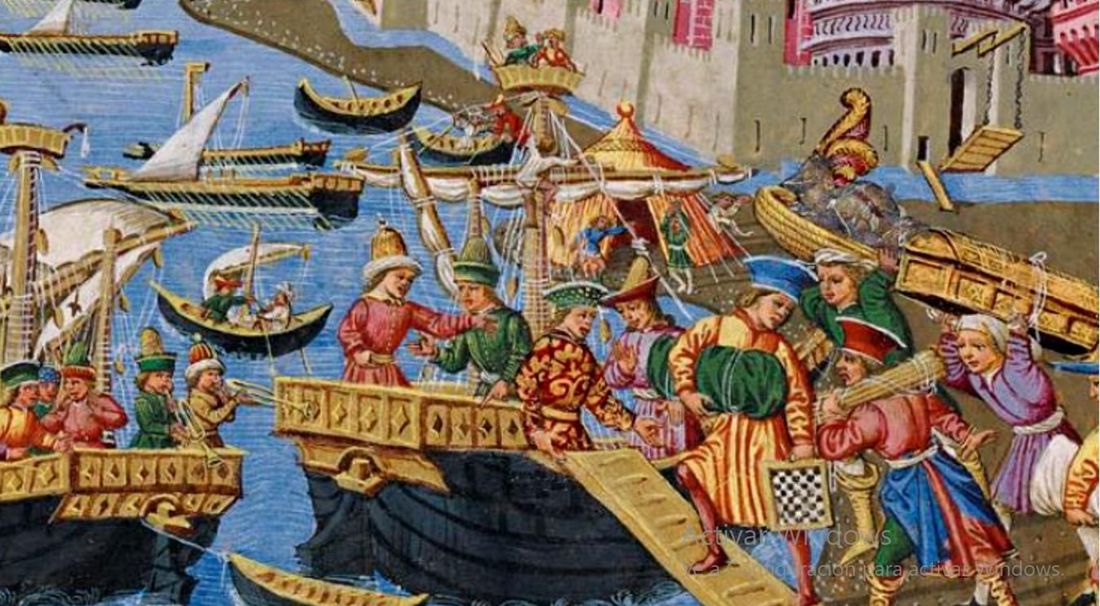 Comerciantes catalanes desembarcando mercancías en un puerto (siglo XIV).