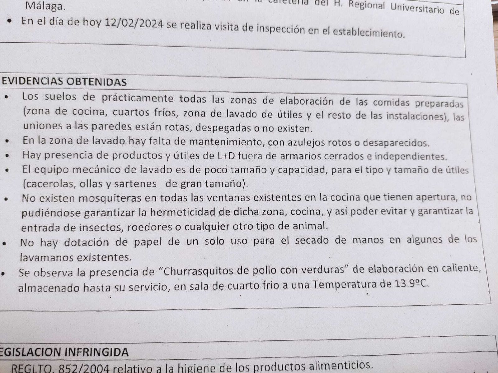 Acta de los inspectores sobre la cafetería del Hospital Regional de Málaga.