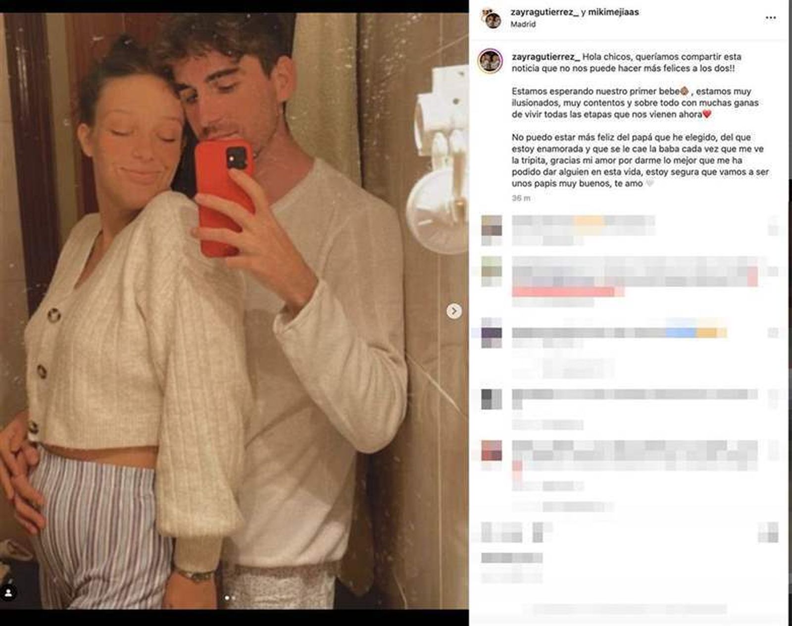 Post de Instagram donde Zayra Gutiérrez anuncia su embarazo