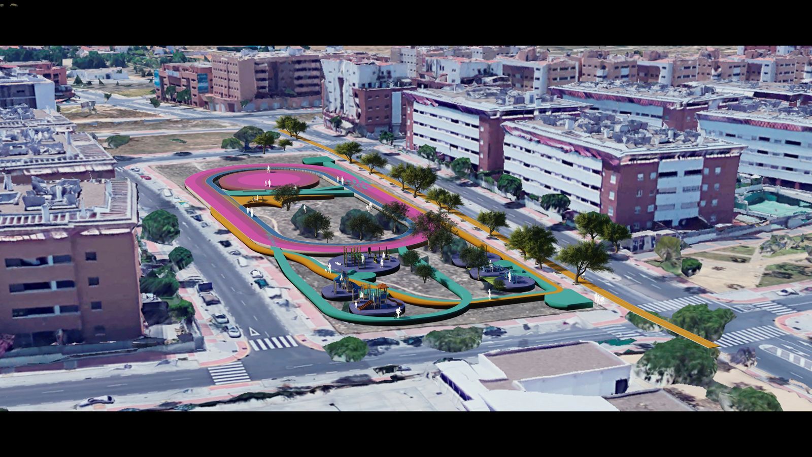 Recreación de la zona deportiva en la avenida Clara Campoamor de Mairena del Aljarafe.