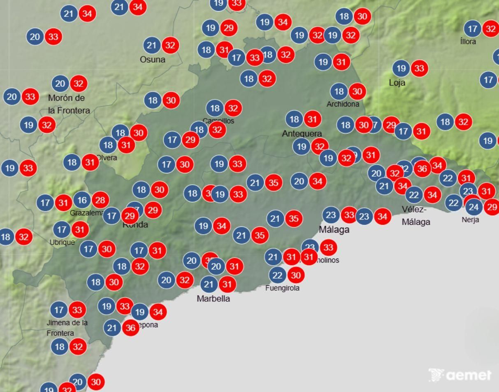 Mapa Málaga previsión del lunes.