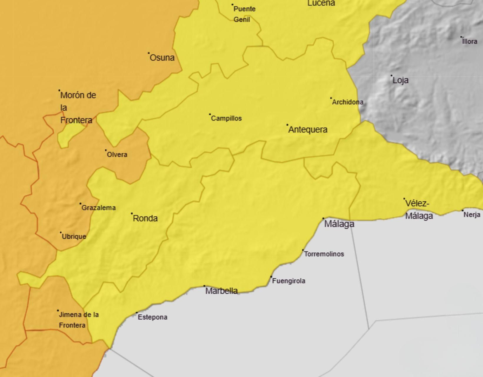 Mapa de la Aemet con el aviso amarillo por lluvias en Málaga.