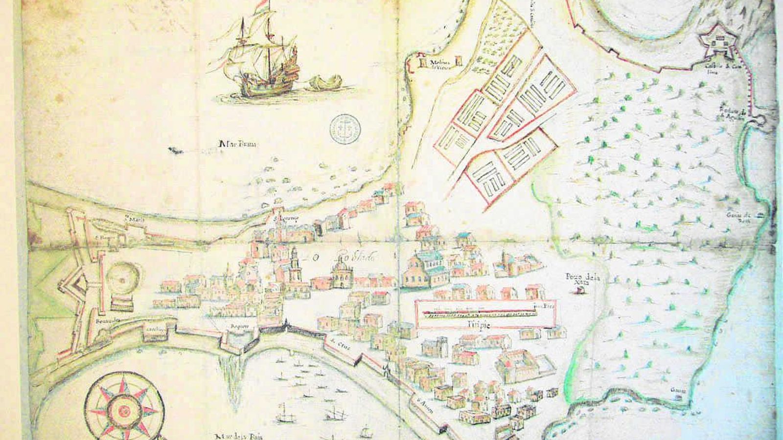 Ilustración donde se representa la ubicación del anfiteatro  con un círculo junto a las Puertas de Tierras