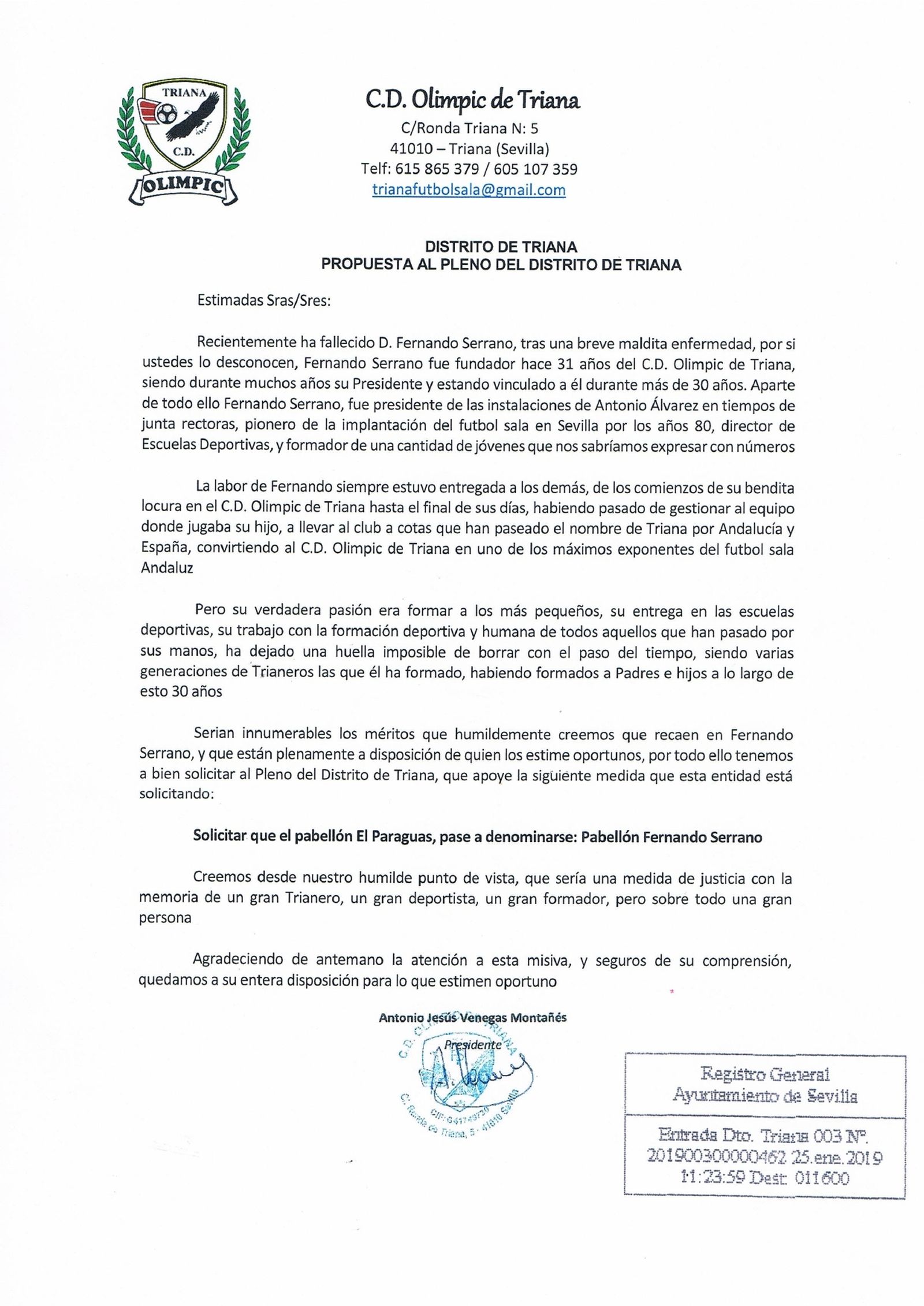 Carta del CD Olimpic de Triana al Distrito Triana