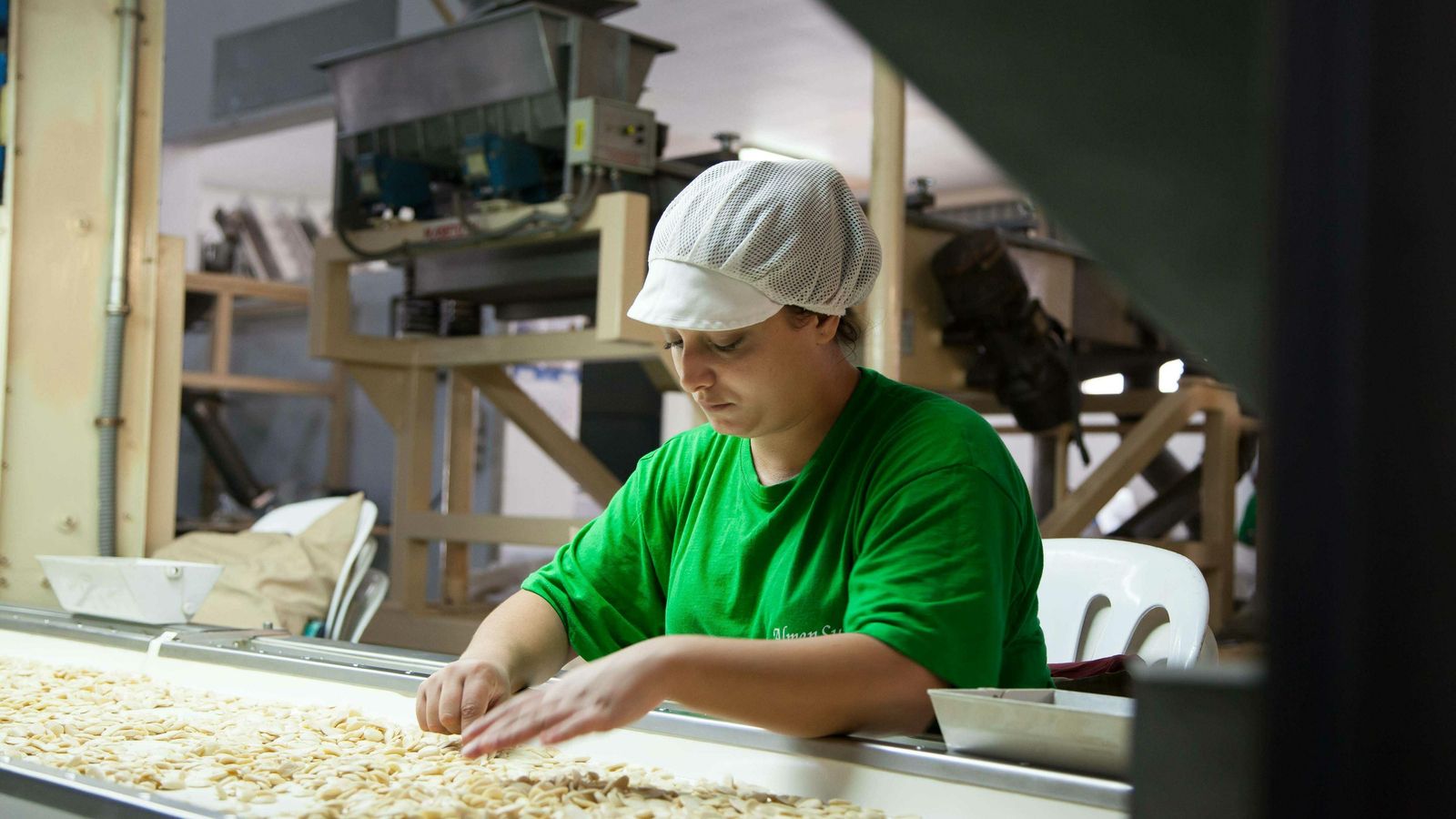 Una trabajadora revisa el fruto seco