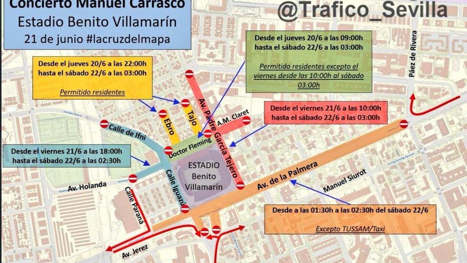 Los conciertos de tráfico previstos en Sevilla por el concierto de Manuel Carrasco.