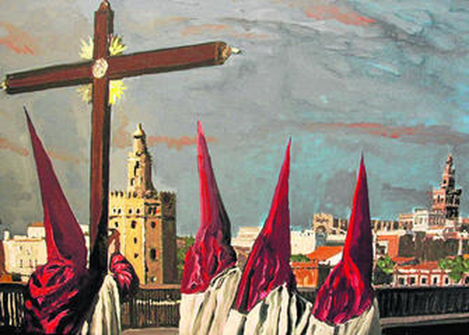 1. Penitentes cruzando el puente de San Telmo de Sevilla. 2. Alfonso Aramburu, en su estudio, junto a las obras que expone a partir de mañana.  3. El pintor da los últimos retoques a la pintura del Señor de Pasión. 4. Penitentes de la Hermandad de la Bofetá a su salida. 5. El Cristo de la Sed. 6. A las puertas de su estudio de arquitectura 7. Con el cartel anunciador.