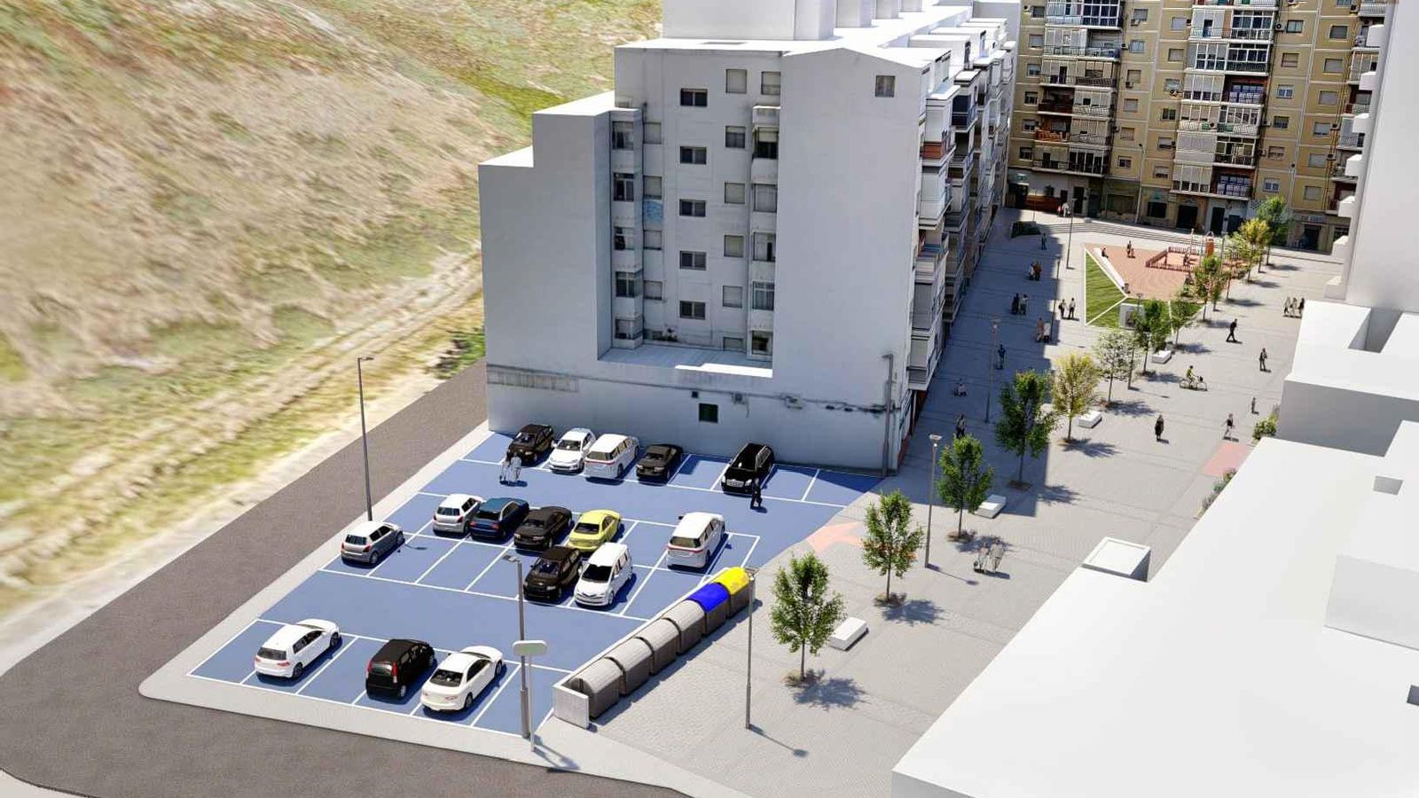 Recreación de la nueva Plaza de los Dolores y aparcamientos, según el proyecto del Ayuntamiento de Huelva. Recreación de la nueva Plaza de los Dolores y aparcamientos, según el proyecto del Ayuntamiento de Huelva.