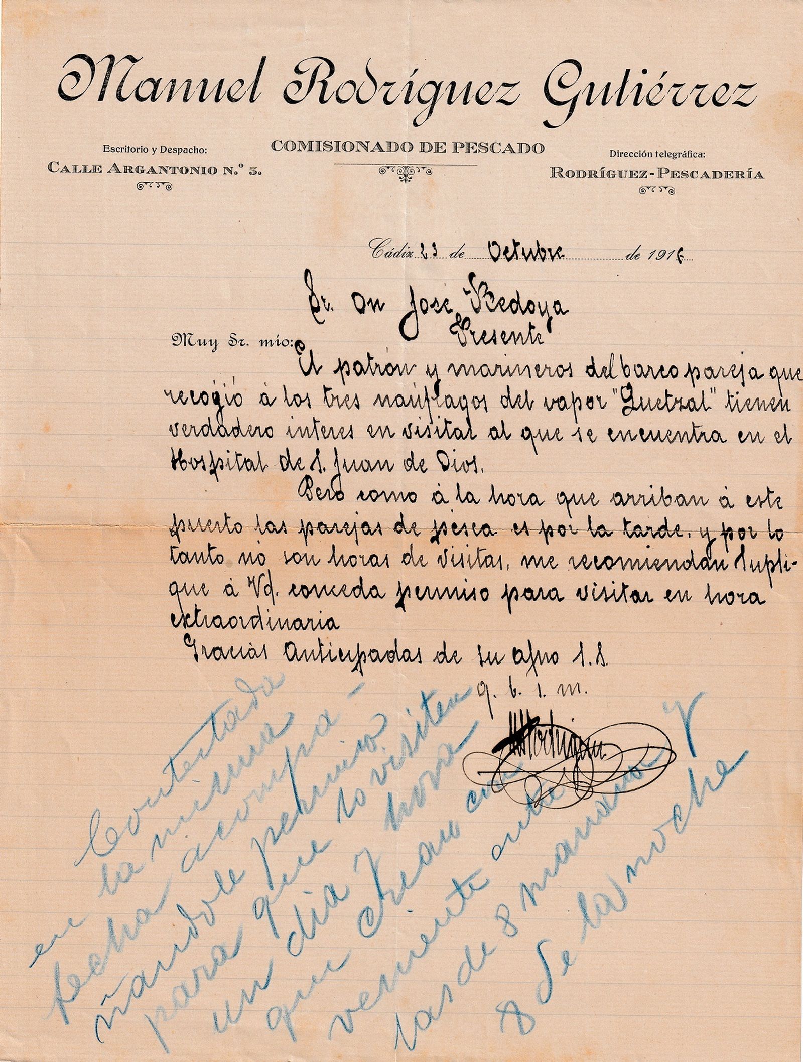 Escrito de la tripulación del 'Natividad' interesándose por el marinero hospitalizado.