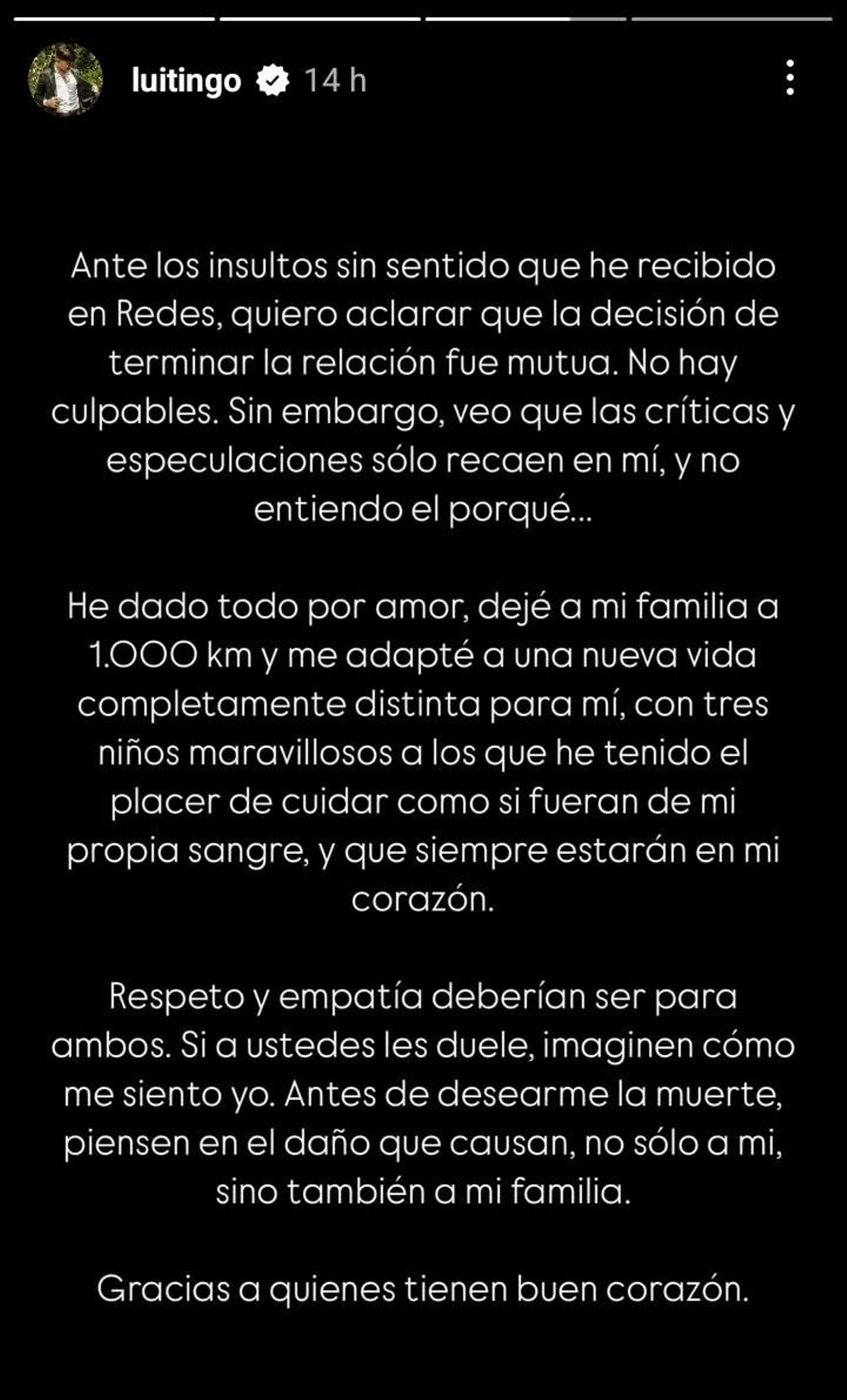 El comunicado emitido por Luitingo a través de Instagram.