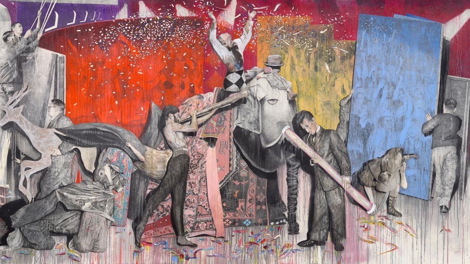 El mural rinde homenaje al teatro, la música y la danza, e indaga en los límites entre representación y realidad.