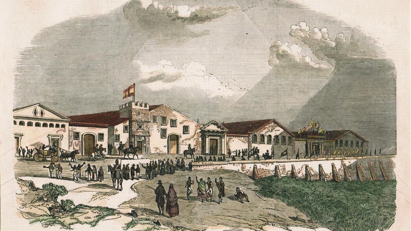 Grabado de la comitiva de los duques de Montpensier dirigiéndose a las bodegas de Domecq, 1848.