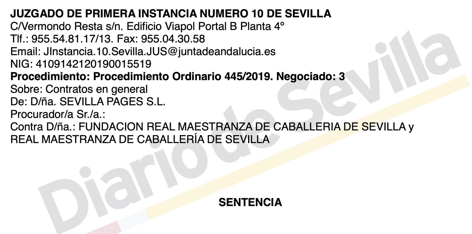 Encabezamiento de la sentencia del caso entre la Maestranza y la empresa Pagés.