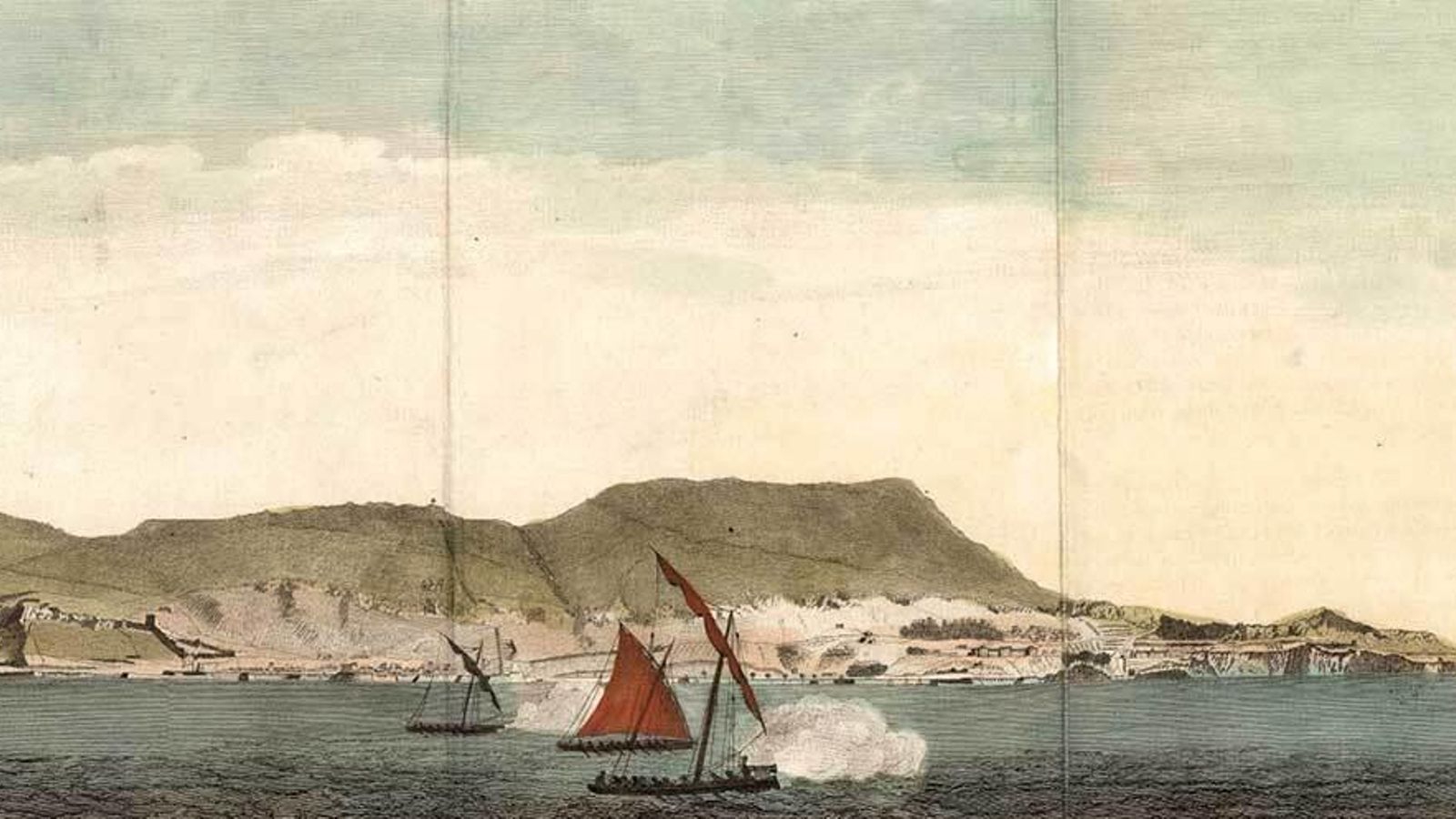 Grabado de Roberts, de 1785. Se ven unas lanchas cañoneras españolas hostigando a una embarcación inglesa durante el asedio a la plaza de Gibraltar de 1779-1782.