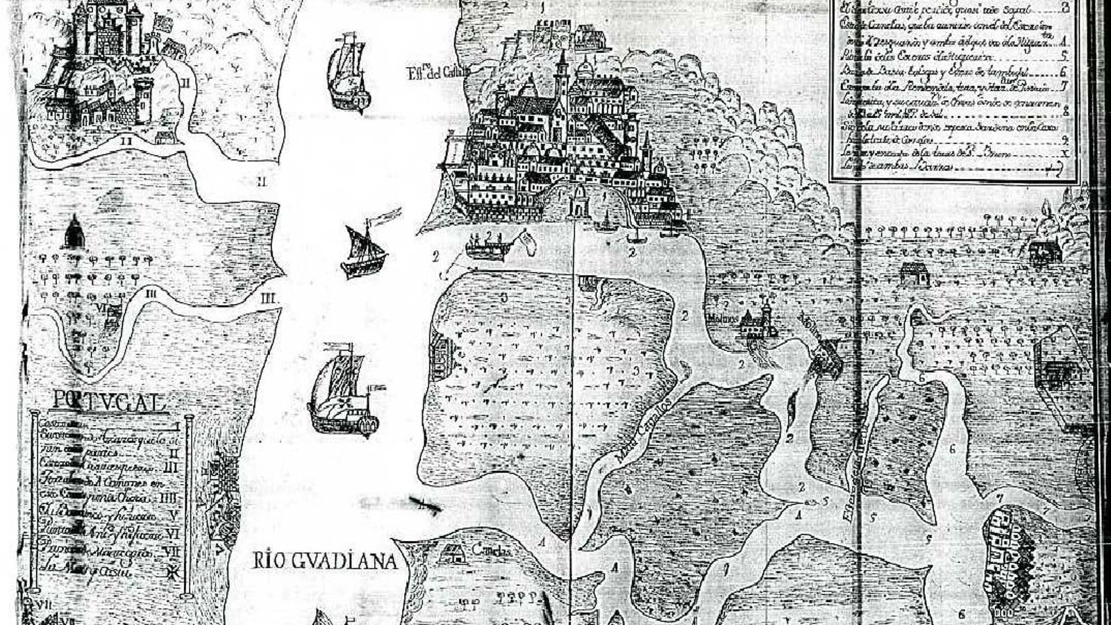 Mapa de la desembocadura del río Guadiana y el litoral de Huelva, que se incluye en el Discurso sobre las pesquerías, de Juan Manuel de Oyarvide, 1776. Archivo Municipal de Sevilla, Sección XI, vol. 61, n.4, p.26.