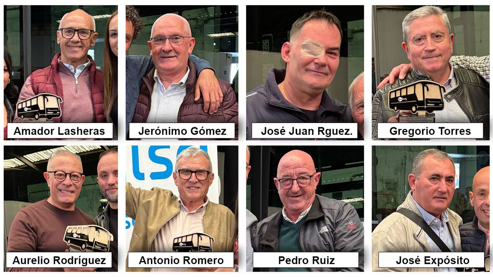 Los ocho conductores homenajeados por su jubilación este año en Surbús