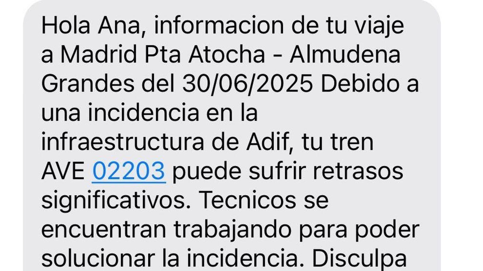 Uno de los mensajes enviados por Renfe