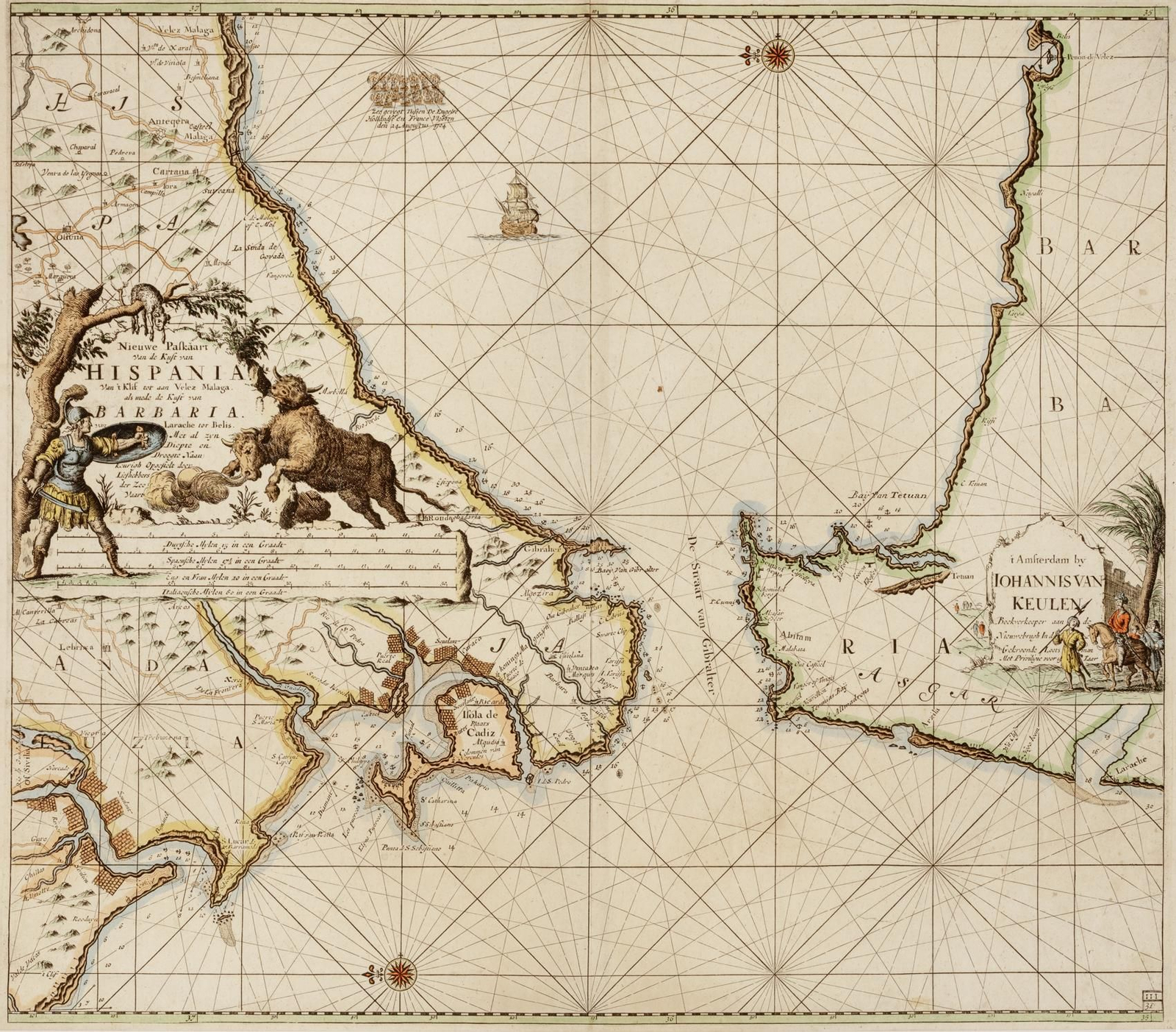 Carta del Estrecho de 1682 con uno de los encuadres más habituales de la cartografía náutica holandesa del siglo XVII, con el este en la parte superior de la carta.