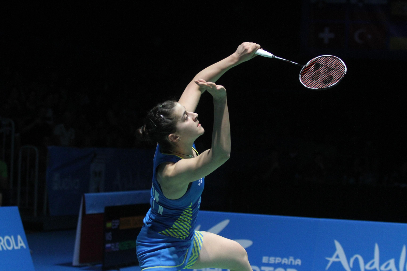 Partido y victoria de Carolina Marín en el Europeo de Bádminton celebrado en Huelva