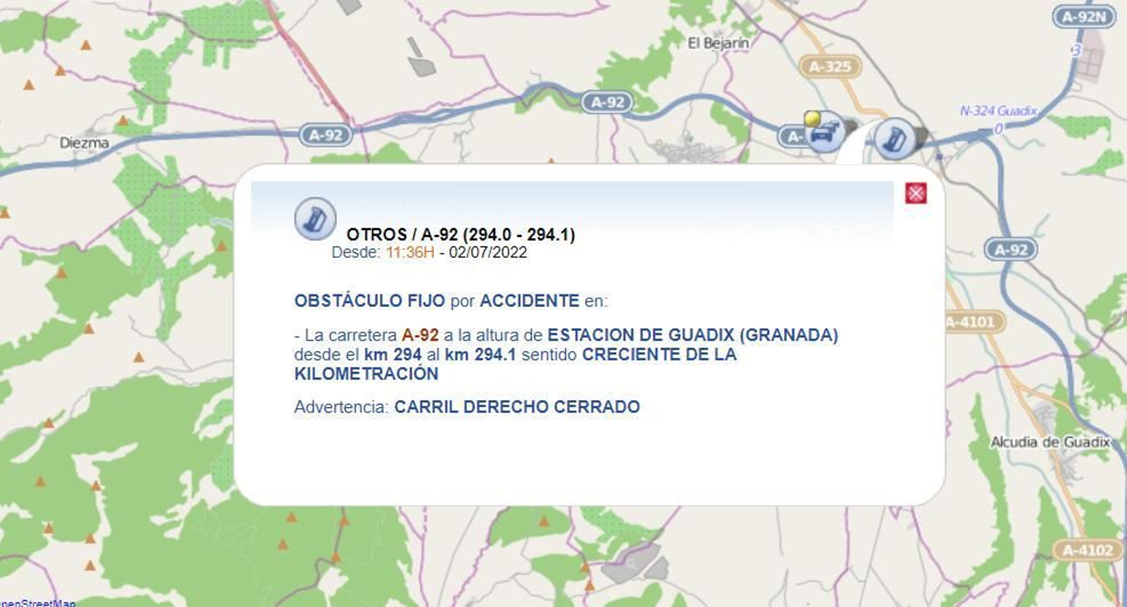 Aviso de la DGT sobre el accidente de tráfico en la A92.
