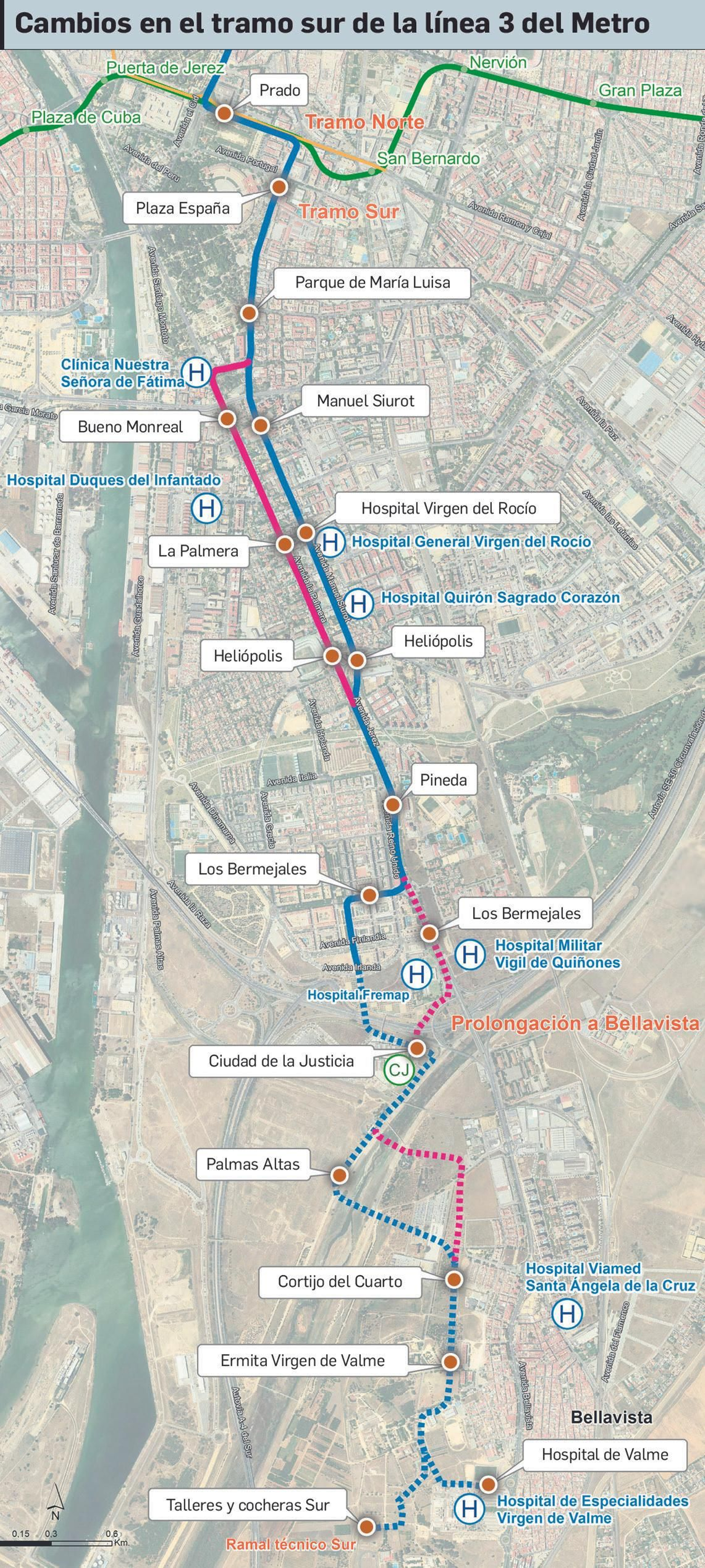 Cambios propuestos en el tramo sur de la línea 3 del Metro de Sevilla.