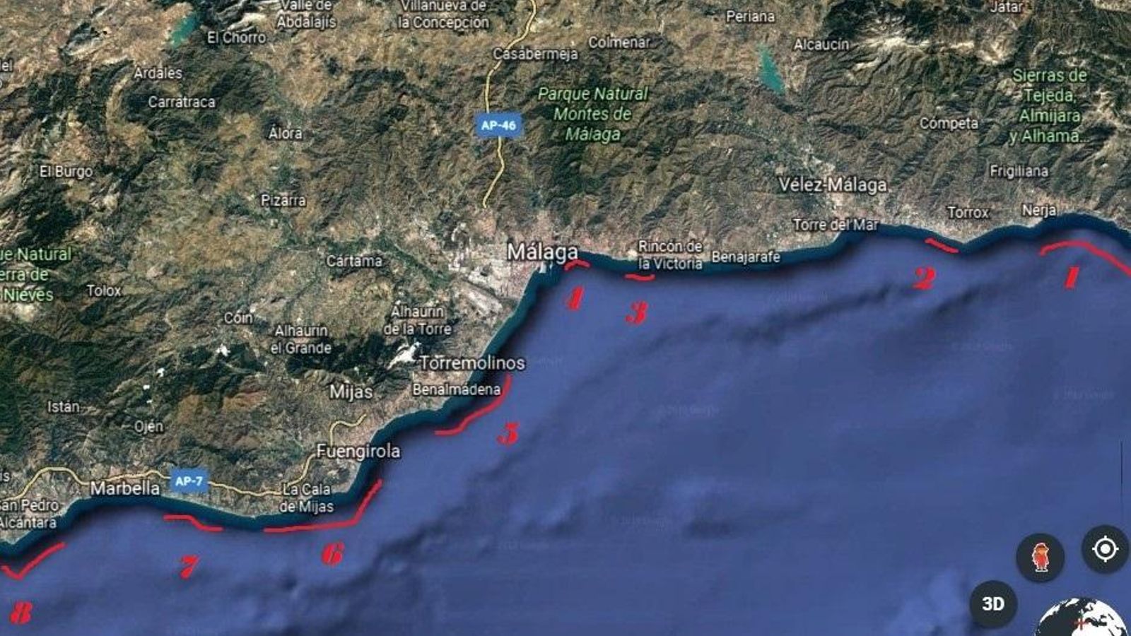Mapa de las principales zonas de buceo de Málaga.