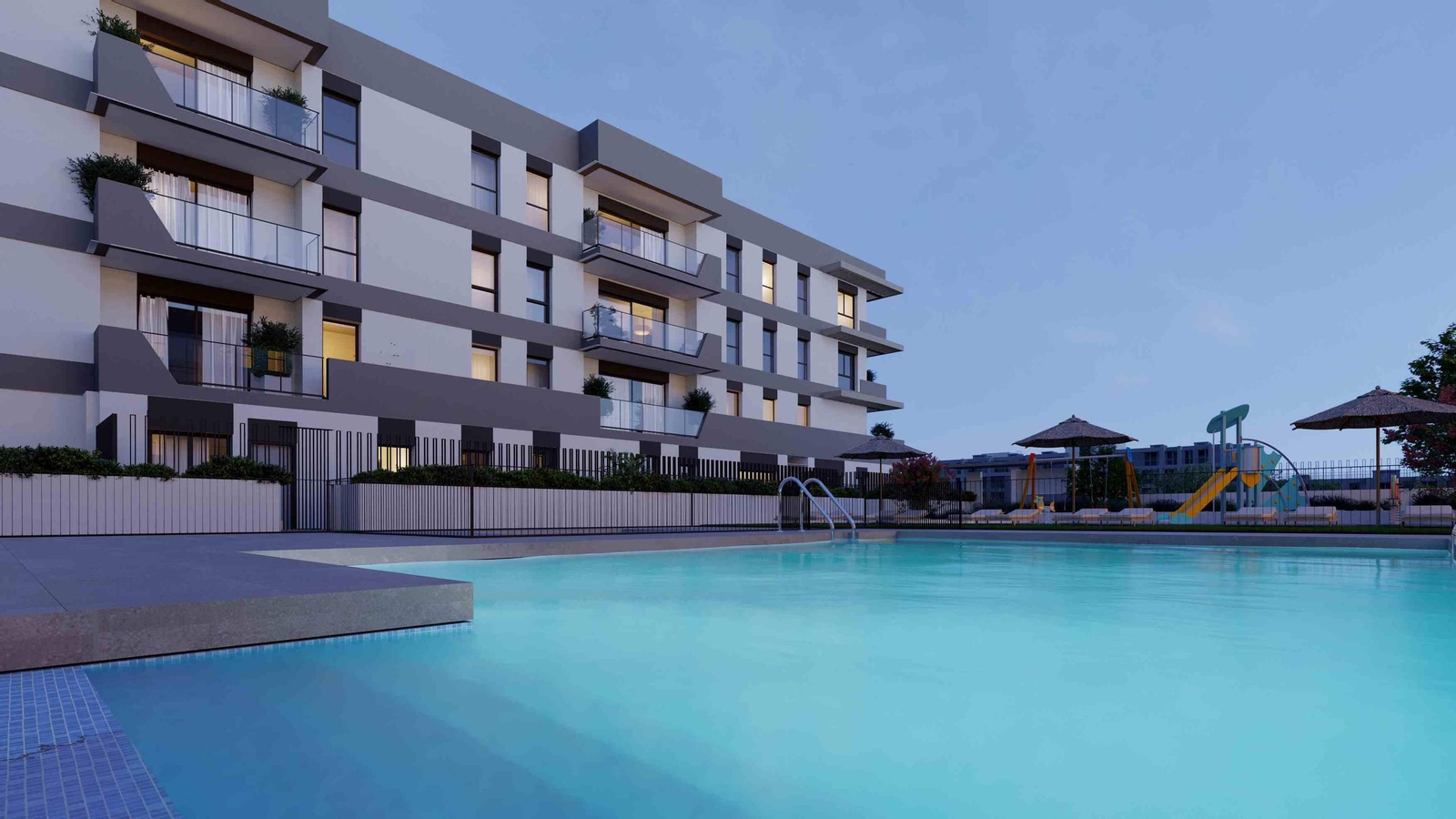 Gran piscina de la promoción Zeta Place de Aedas Homes en el futuro Distrito Zeta de Málaga.