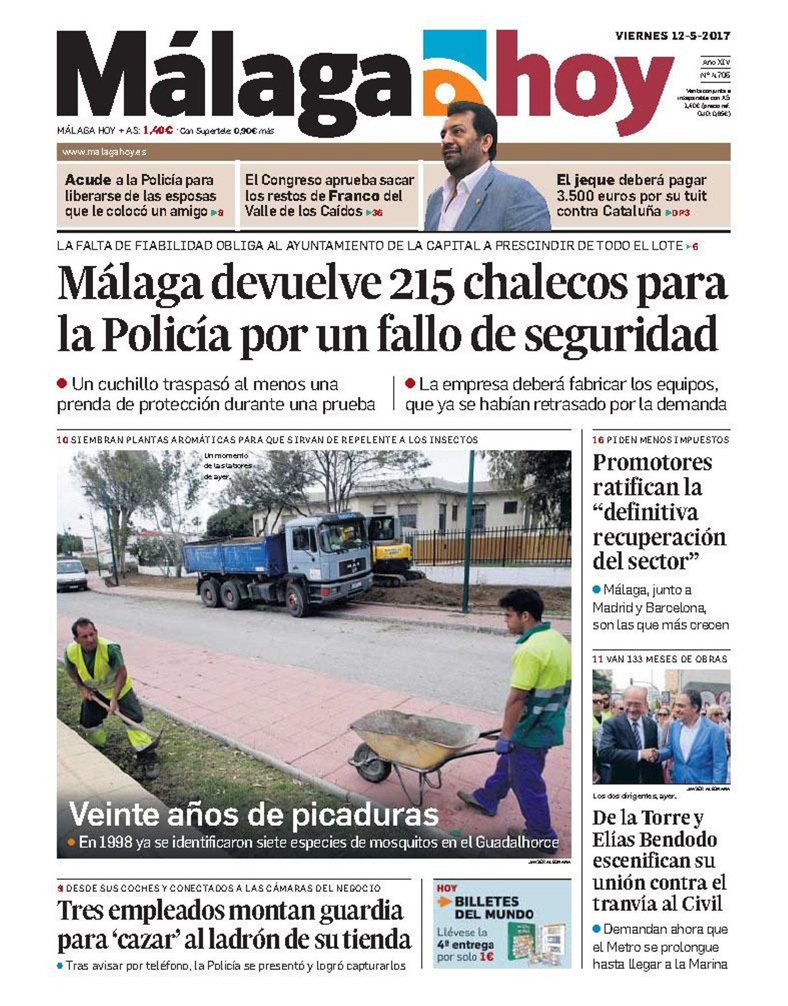 Imagen de unidad.  De la Torre y Bendodo escenifican un mensaje de unidad en contra del Metro en superficie al tranvía.