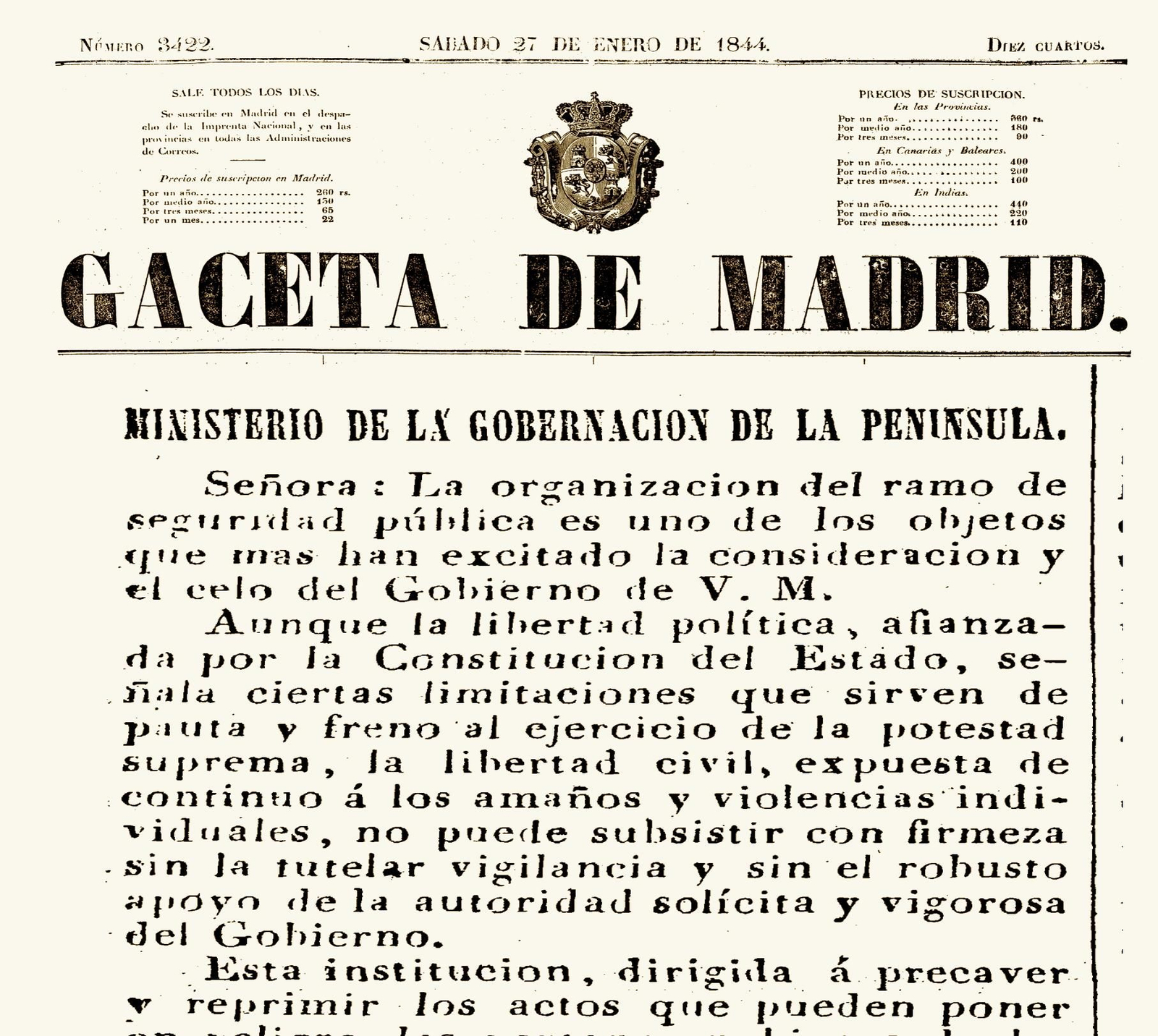 Cabecera del real&nbsp;decreto de 26 de enero de 1844 sobre el real decreto del Ramo de Protección&nbsp;y Seguridad.