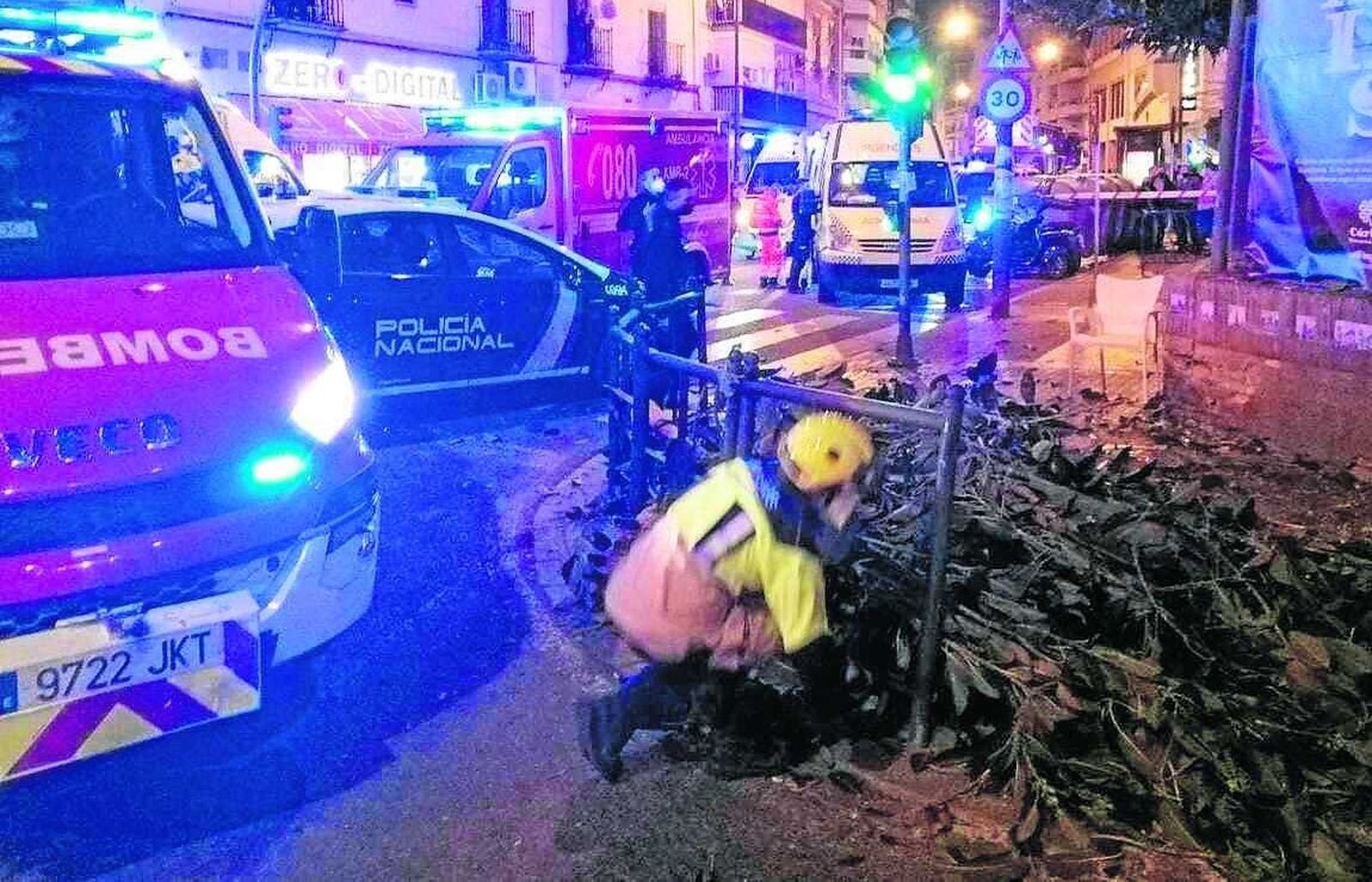 Actuación de los servicios de emergencia tras la caída de la rama del ficus de Triana en marzo de 2021.