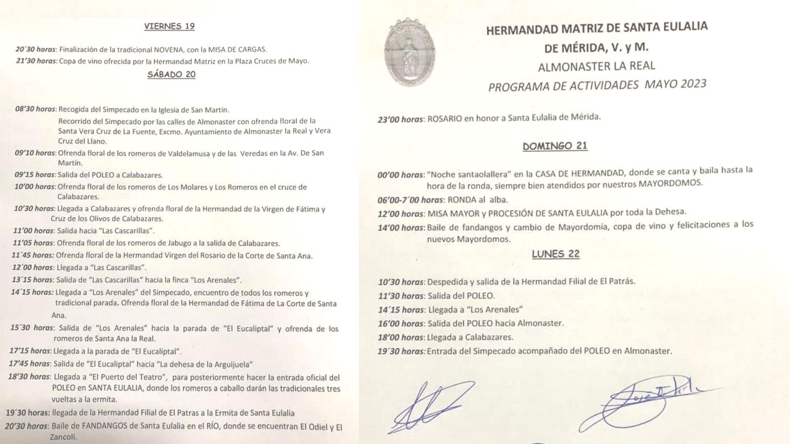 Programación de la Romería de Santa Eulalia en Almonaster