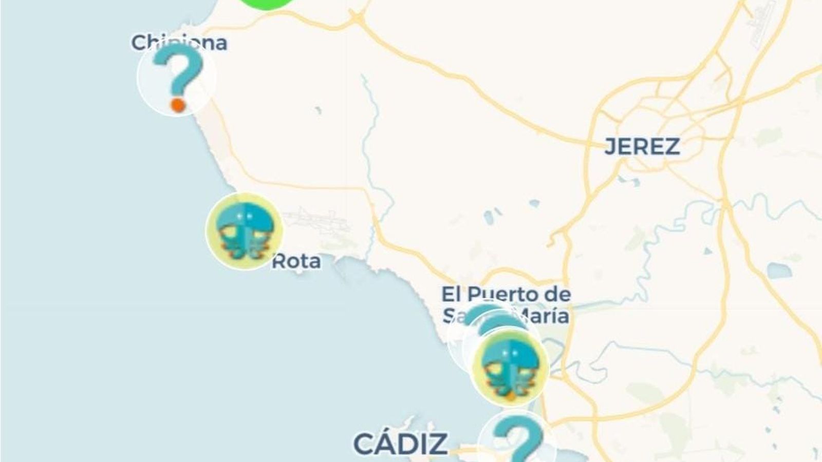 Mapa de avistamiento de medusas en las playas de Cádiz el 1 de agosto Mapa de avistamiento de medusas en las playas de Cádiz el 1 de agosto