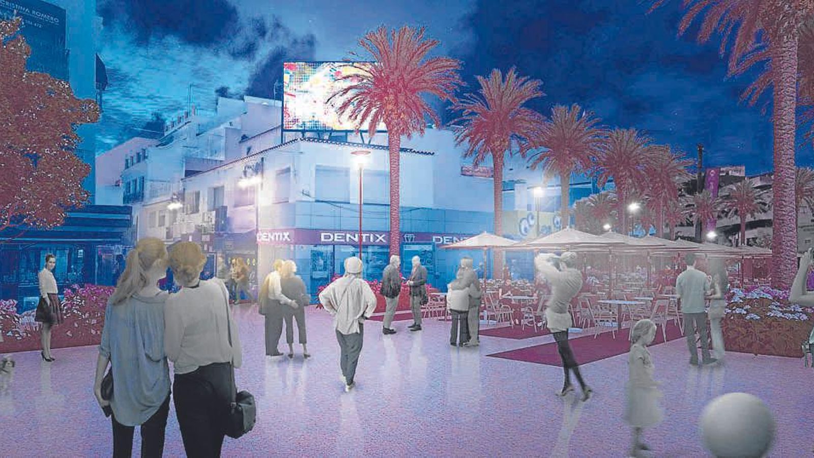 Una gran pantalla sobre uno de los edificios para ver importantes eventos deportivos o actuaciones.