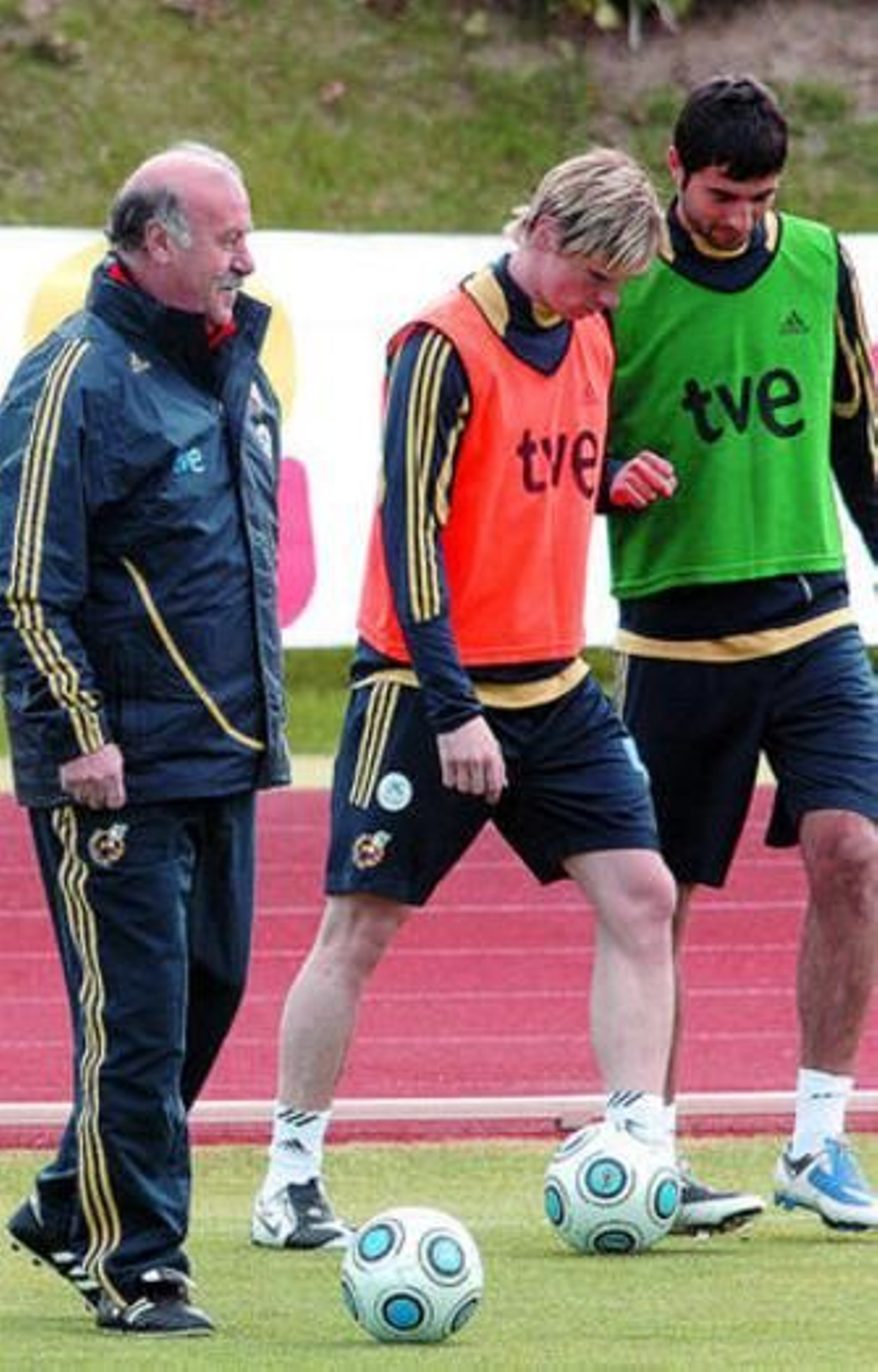 Del Bosque, Torres y Albiol, durante el entrenamiento de ayer.