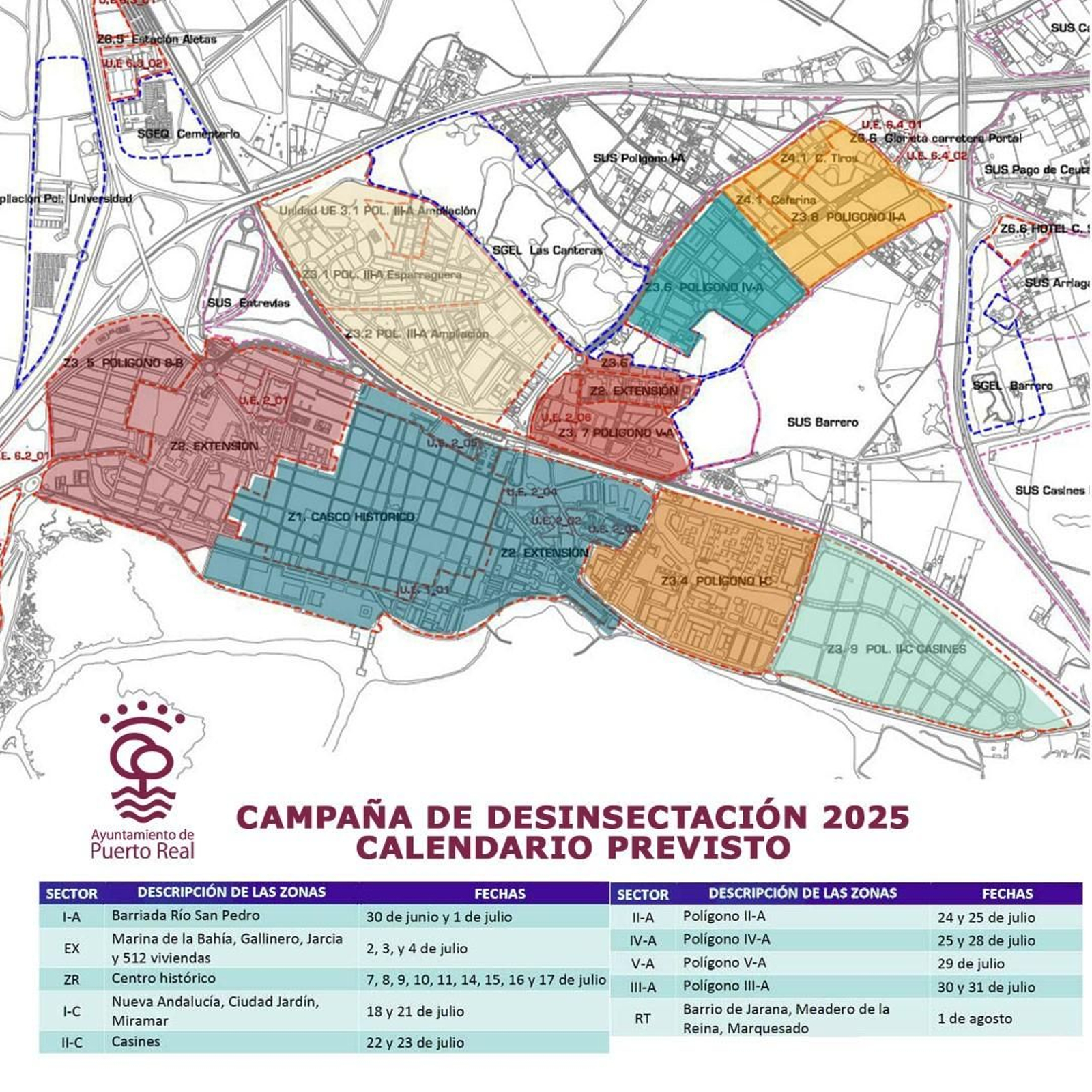 Mapa por barrios de la campaña de desinsectacion en Puerto Real 2025.